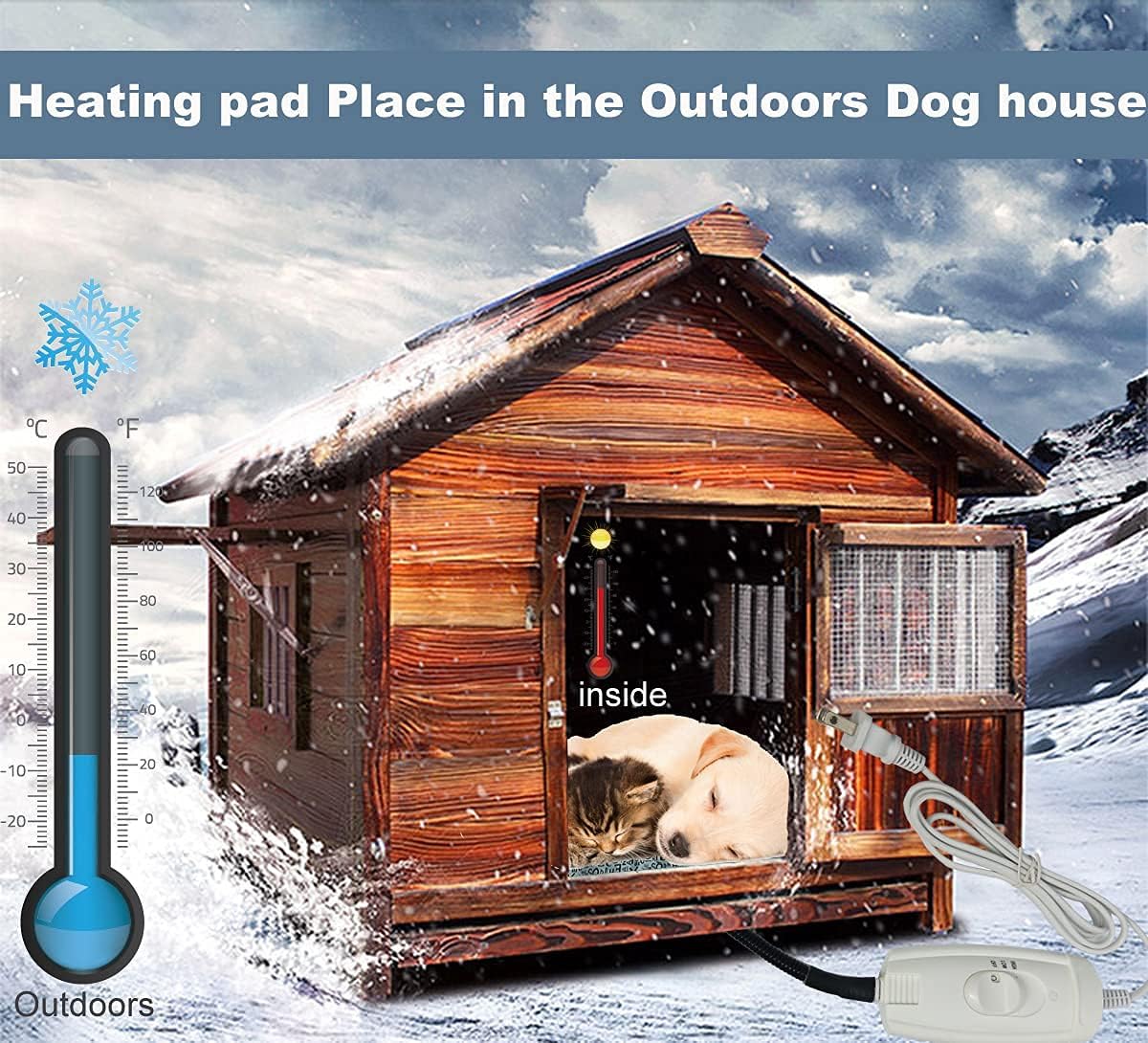 Waterproof Pet Heating Pat for Dogs & Cats - Chew-Resistant Cord, Temperature Adjustable,Power-Off Protection - Fits Whelping Box, Dog House (34"x21")