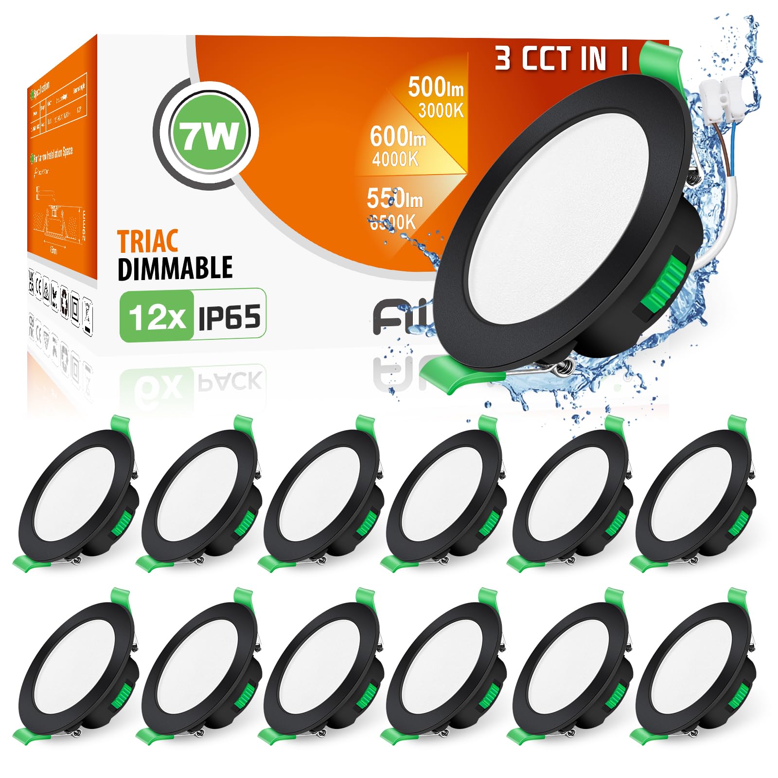 ALUSSO LED Einbaustrahler 230V Dimmbar IP65 Schwarz Spots Ultra Flach Deckenspots 7W Einbauleuchten Warmweiß Neutralweiß Kaltweiß Einbauspots Deckenstrahler für Badezimmer Wohnzimmer Küche, 12er Set