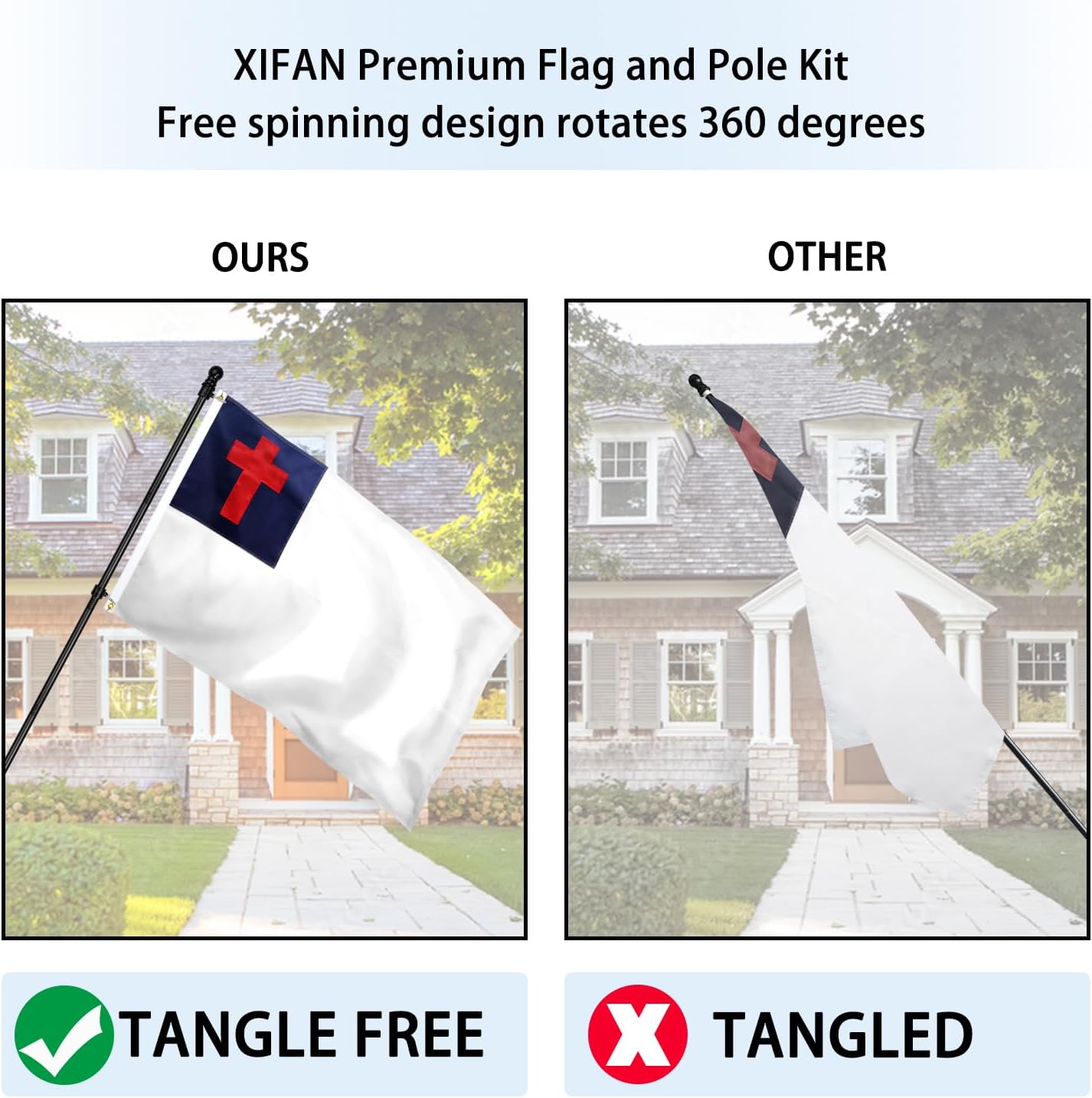 Christian Flag with Poles for Outside House, 6ft Stainless Steel No Tangle Spinning Flag Pole, 180° Multi- Position Mounting Bracket, 3x5 ft Nylon Jesus Flag, Wind Resistant Rust Free Kit (Black) - Image 5