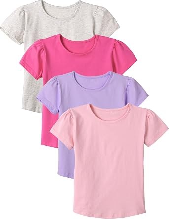 4 Pack Baby Toddler Girl T-Shirts, Soft Cotton, Puff Sleeve, 12M-5T | Stretchy and Breathable Tee Shirts, Lightweight Opaque Fabric, Stay-flat Neckline for Outdoor Play