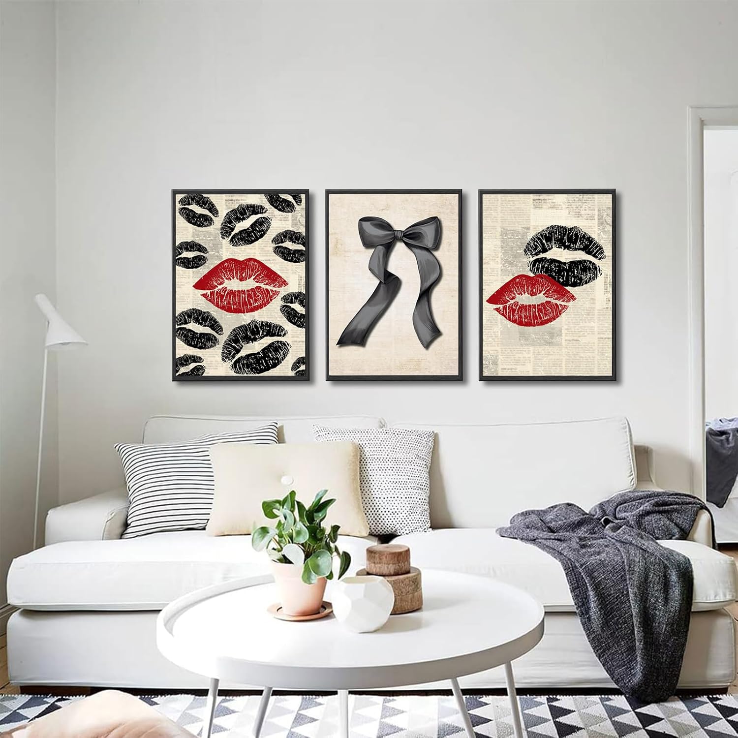 3Pcs Vintage Funky Red Kiss Lip Wall Art Black Bow Wall Decor Picture Trendy Preppy Aesthetic Canvas Posters Prints for Girl Room Dorm Apartment Bedroom Decorations,Unframed 16x24in
