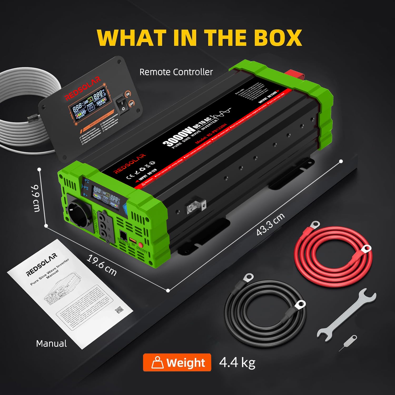 REDSOLAR Convertisseur Pur Sinus 3000W (Pic 6000W) 12V 220V 230V, Onduleur avec Port USB, Prise EU, Écran LCD et Télécommande Filaire de 7 Mètres – pour Caravane, Camping, Voyage et Systèmes Solaires