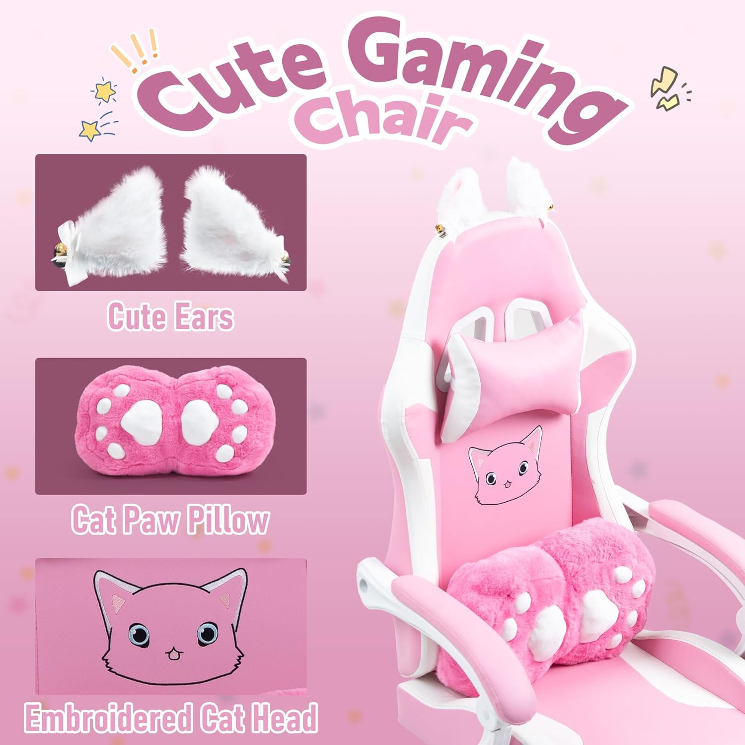 ALEAVIC Pink Gaming Chair with Cat Paw Lumbar Cushion and Cat Ears, Reclining PC Game Computer Chairs, Ergonomic Gamer Chair for Kids, Girls, Teens