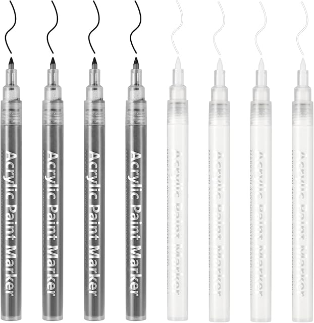 DONQL 8Pcs Acrylic Paint Pen 0.7mm Metallic Permanent Acrylic Markers Set Black White Glass Glitter Paint Pens for Fabric Glass Rock Wooden Ceramic Leather, Fine Tip Acrylic Paint Marker