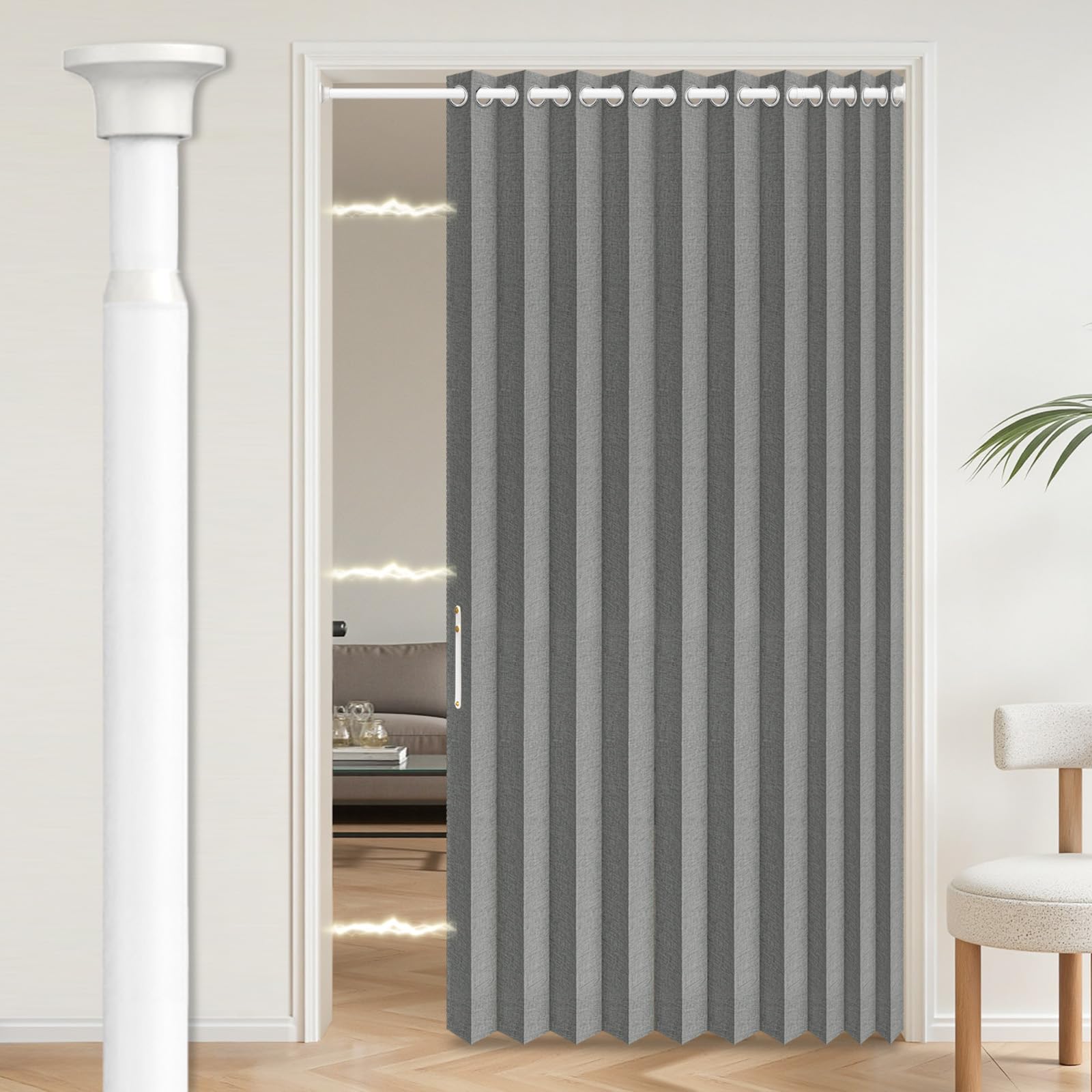 AJAZZ Blackout Accordion Door with Curtain Rods Adjustable 28-52" Long, Invisible Folding Doors Interior Magnetic Door Curtain for Bedroom Curtain Set, 1 Pack, W55 x L80 in, Dark Grey