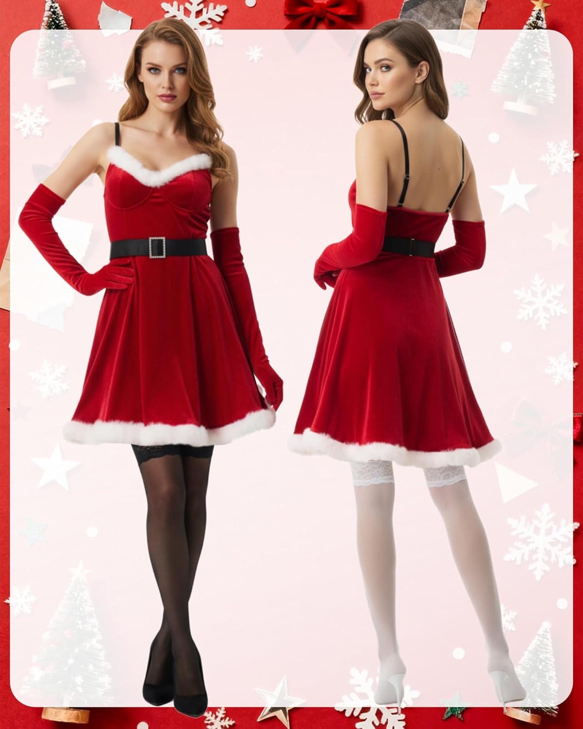 Haysandy 4 Pcs Mrs. Santa Claus Christmas Women Costume Suspender Lingerie Velvet Dress Gloves Stockings for Christmas Party