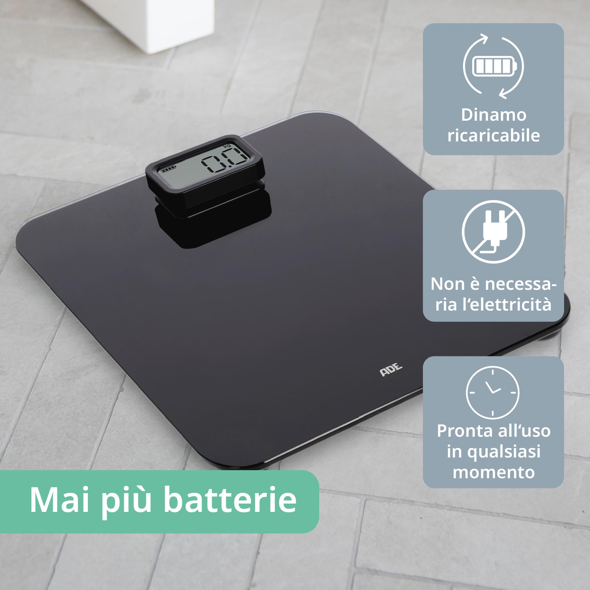 ADE Bilancia pesapersone digitale senza bateria | trazione dinamica rispettosa dell'ambiente | eco sostenibile | fino a 150 kg | nero