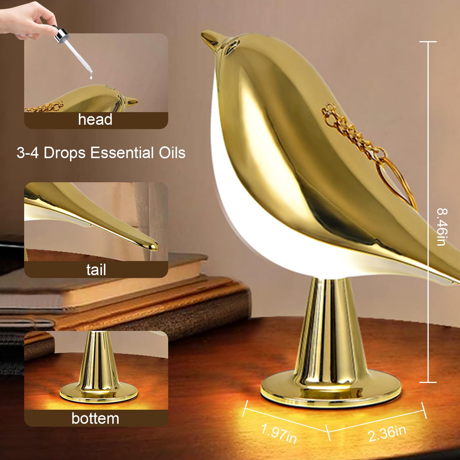 Lampara De Mesilla Táctil Dimmable Lampara De Mesa LED Diseño Pájaro Lámpara De Mesa Moderna Lámpara Pájaro Giratoria Ajustable Metal-Acrílico Lámpara De Noche Pájaro Para Dormitorio Salon,1 Bird