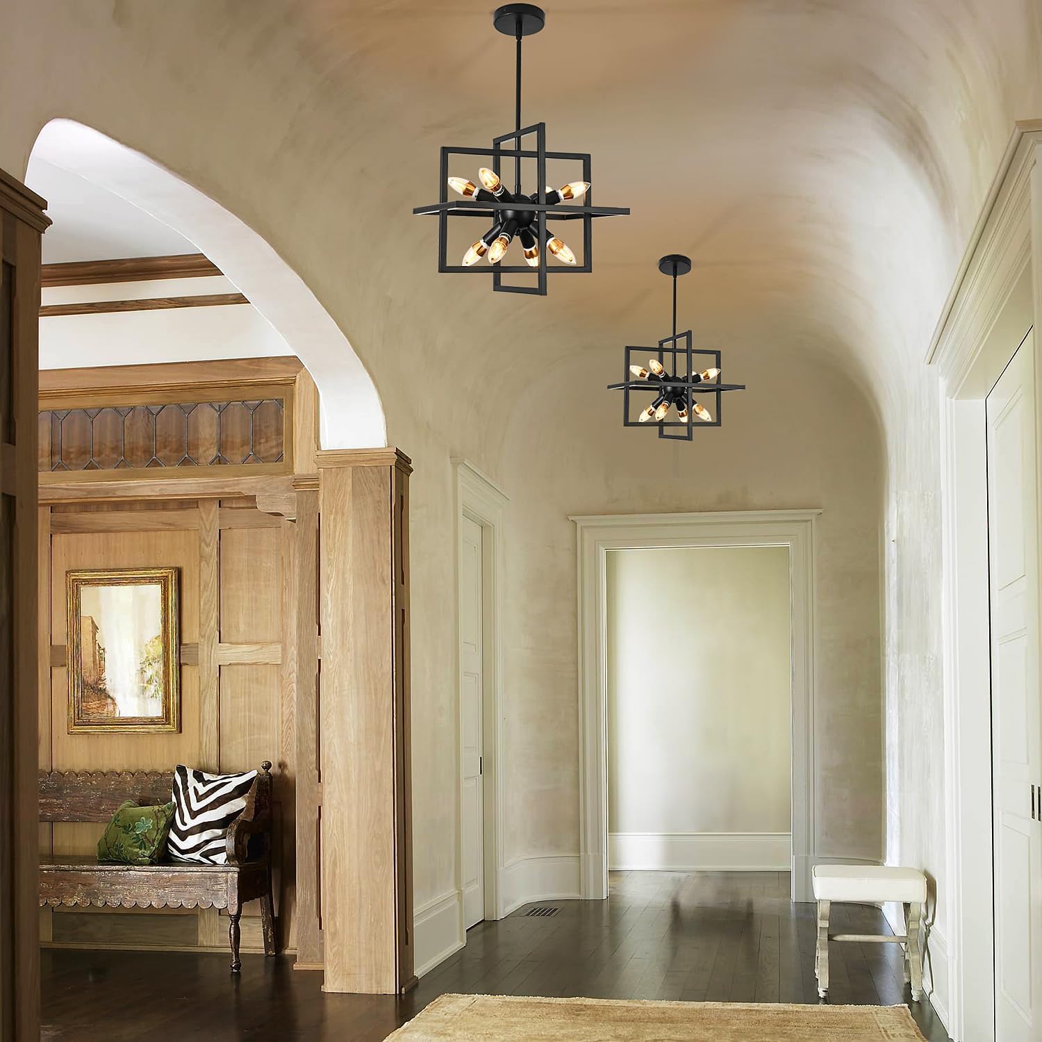 Modern Black Farmhouse Chandeliers,Small 8 Lights/E12 Geometric Pendant Light Adjustable Metal Hanging Lights for Dining Room,Kitchen Island,Foyer,Entryway,Hallway