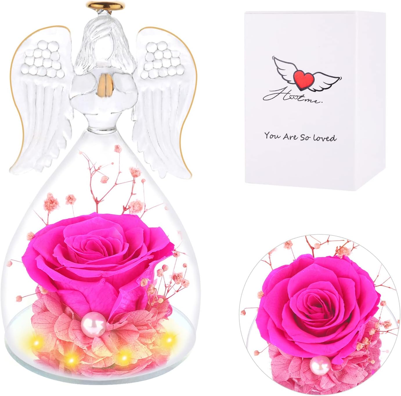 Angel Rose Figurine Gift for Valentines Day/Mother's Day, Mom's Gift from Daughter/Son, Birthday Gift for Mom/Grandma/Wife, Preserved Real Rose Glass Angel Gifts for Women, Friends