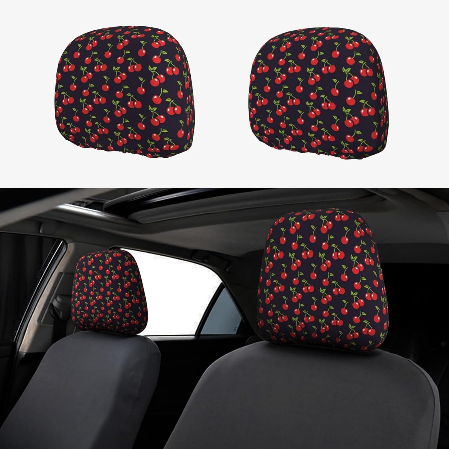 2 Pack Cherry Car Seat Headrest Cover, Soft Breathable Universal Seat Cover Cherry Car Accessories Headrest Protector