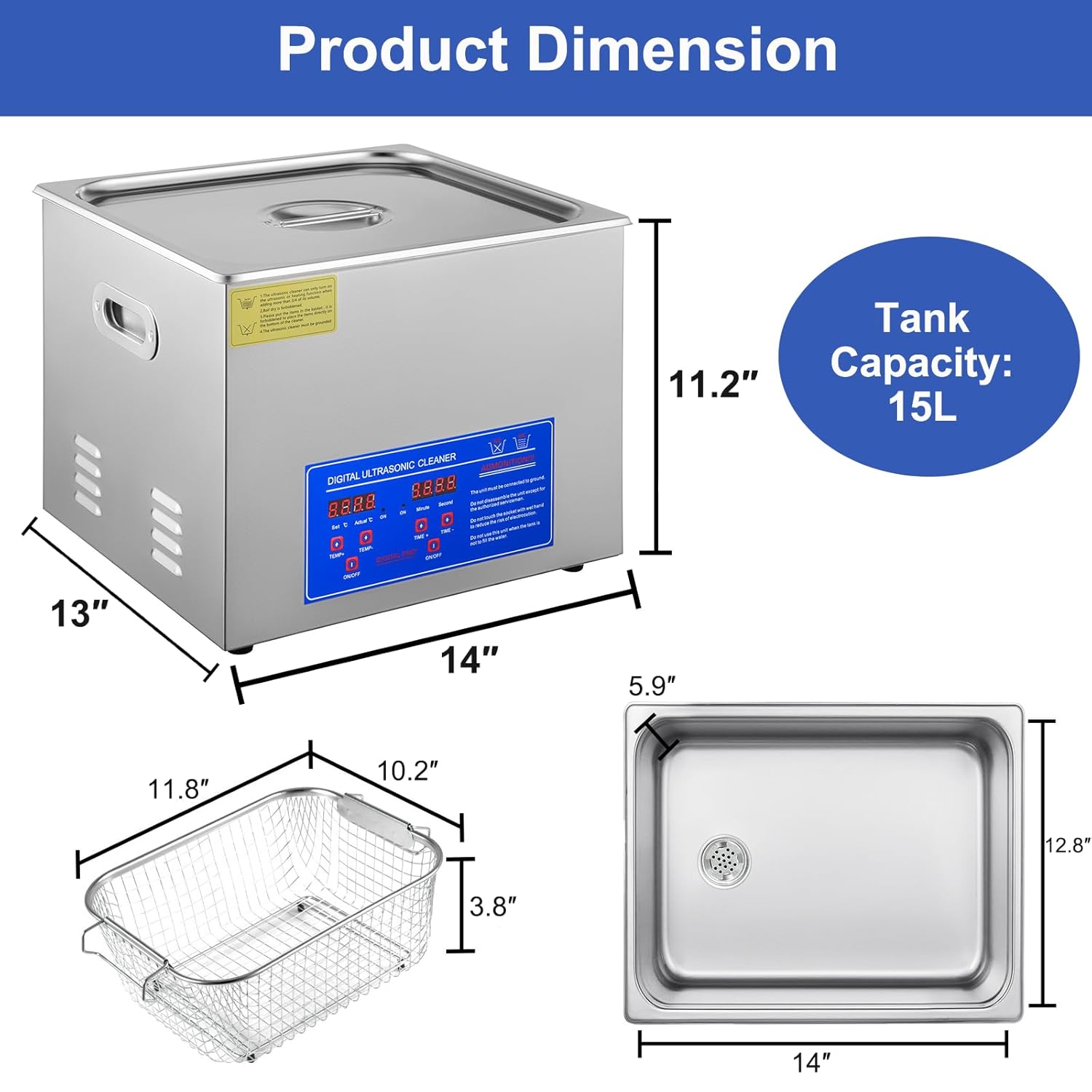 Ultrasonic Cleaner Machine, 15L Commercial Ultra Sonic Cleaner with Digital Timer & Heater, 40kHz Stainless Steel Ultrasonic Parts Cleaner, Lab Ultrasonic Cleaners for Machine Part Jewelry Glass Tool