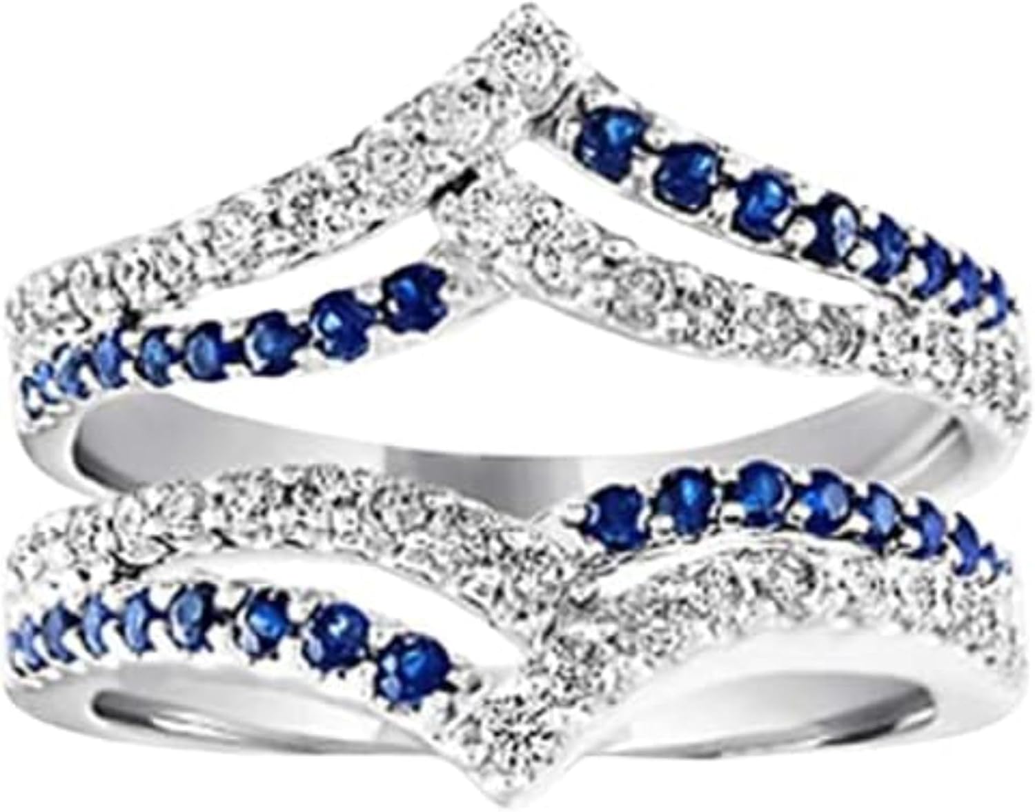 Real 925 Sterling Silver 14K White Gold Plated Round Cut White Diamond & Blue Sapphire Enhancer Guard Ring Wedding Gifts for Women