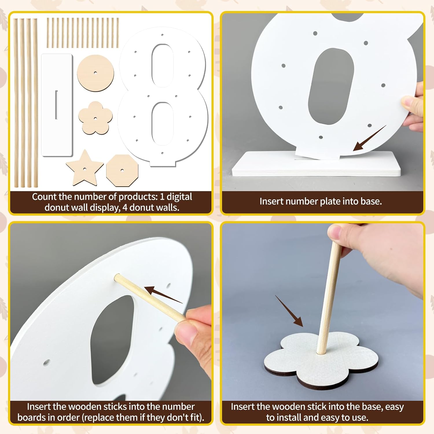 5 Pcs Donut Stand Set, Doughnut Party Supplies Include 1 Pc Digit Donut Wall Display Stand, 4 Pcs Doughnut Wall, for Birthday Wedding Baby Shower Party (White number 8)