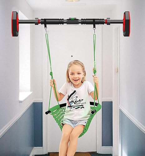 Miniatura 2 de ROPECUBE Columpio tejido a mano para niños pequeños + barra de dominadas para puerta (barras de entrenamiento de ancho ajustable), asiento de