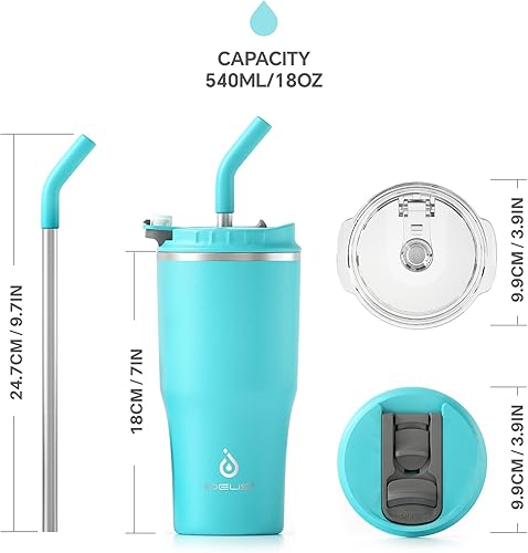 Miniatura 9 de Ideus Vaso aislado con tapa y pajita, de acero inoxidable, de doble pared al vacío, a prueba de fugas, taza de café de viaje, apta para portavasos