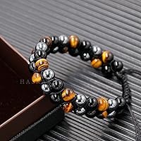 Vista 7 de HASKARE Triple Protection Bracelet, Genuine Tigers Eye Black Obsidian and Hematite 8mm Beads Bracelet for Men Women, Crystal Jewelry Stone Bracelets