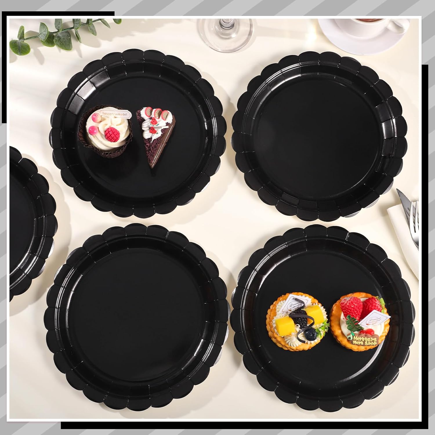 30 Pcs Black Paper Plates, 9 Inch Scalloped Disposable Black Plates Cute Dessert Dinner Plate for Wedding, Birthday, Picnic - Image 4