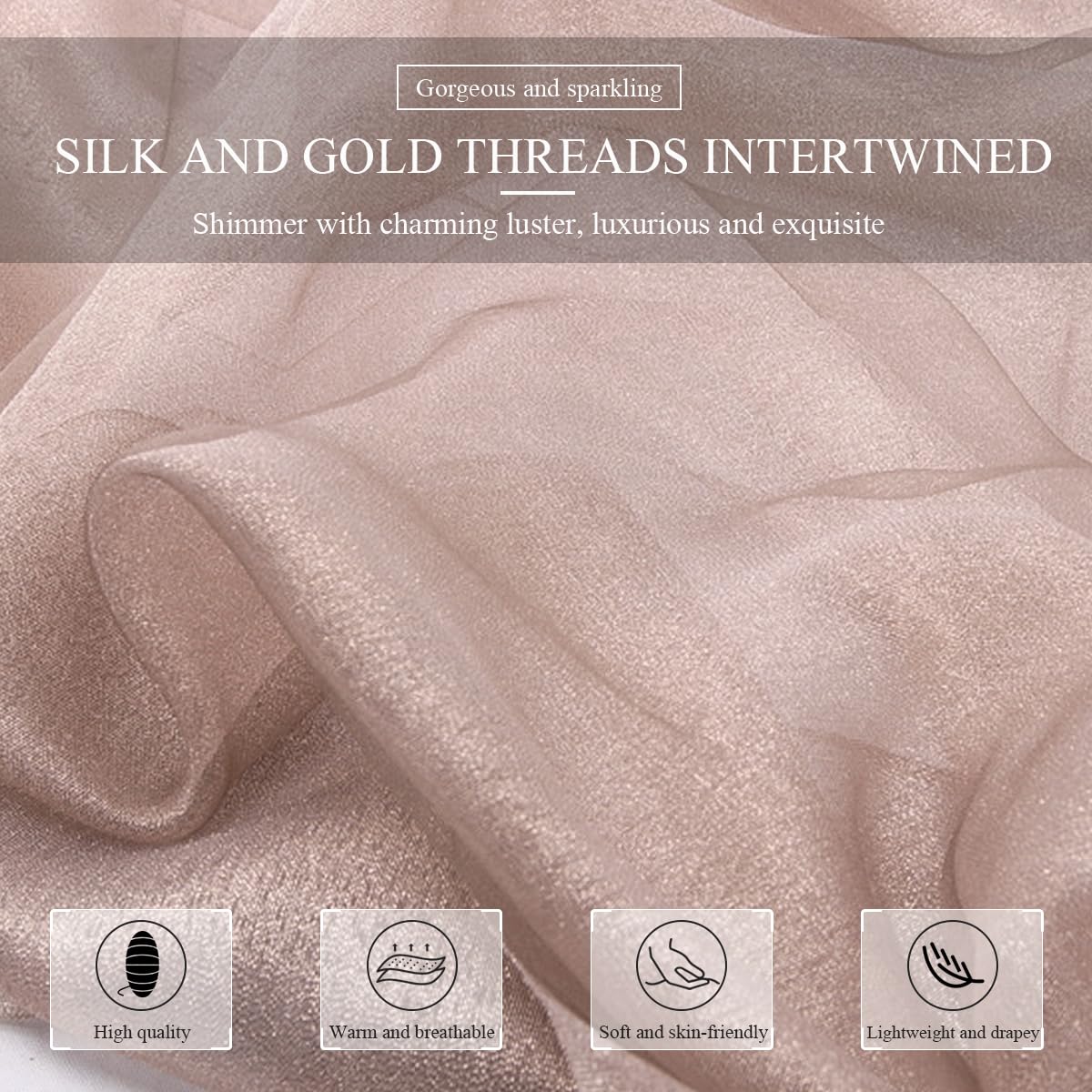 LumiSyne Foulard En Soie Organza à Double Épaisseur Femme Scintillants Écharpes Et Châles Pour Robe De Soirée Couleur Unie Avec Fil Dorée Tulle Léger Étole Magnifique Pour Mariage Mariée Fêtes