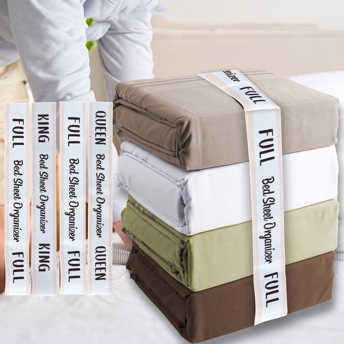 Foribyw Light 12Pcs Bed Sheet Organizer Bands Elastic Polyester Bedding Straps King Full Twin Queen Label Portable Bed Sheet Fastener Bands For Wardrobe Foldable Duvets Pillow Case