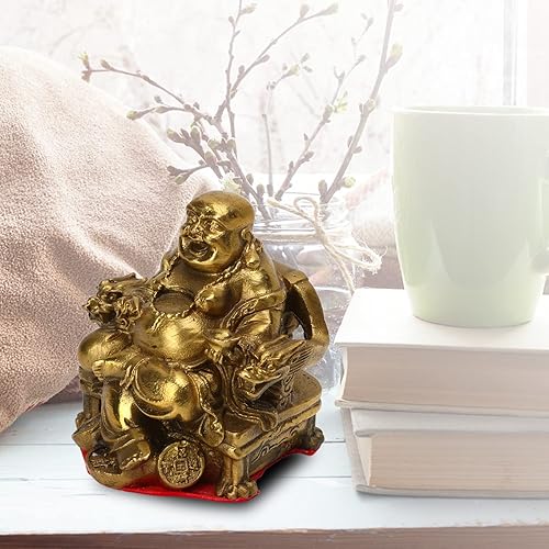 Miniatura 3 de Cyrank Estatua de Buda riendo, Feng Shui Maitreya Buddha sentado en monedas de dinero de la suerte para decoración del automóvil de la oficina en