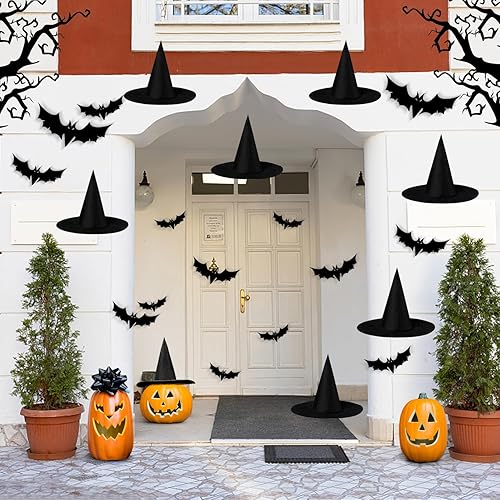 8 sombreros de bruja de Halloween negros con murciélagos 3D, 44 piezas de decoración de pared, flotante, porche, patio, interiores y exteriores,