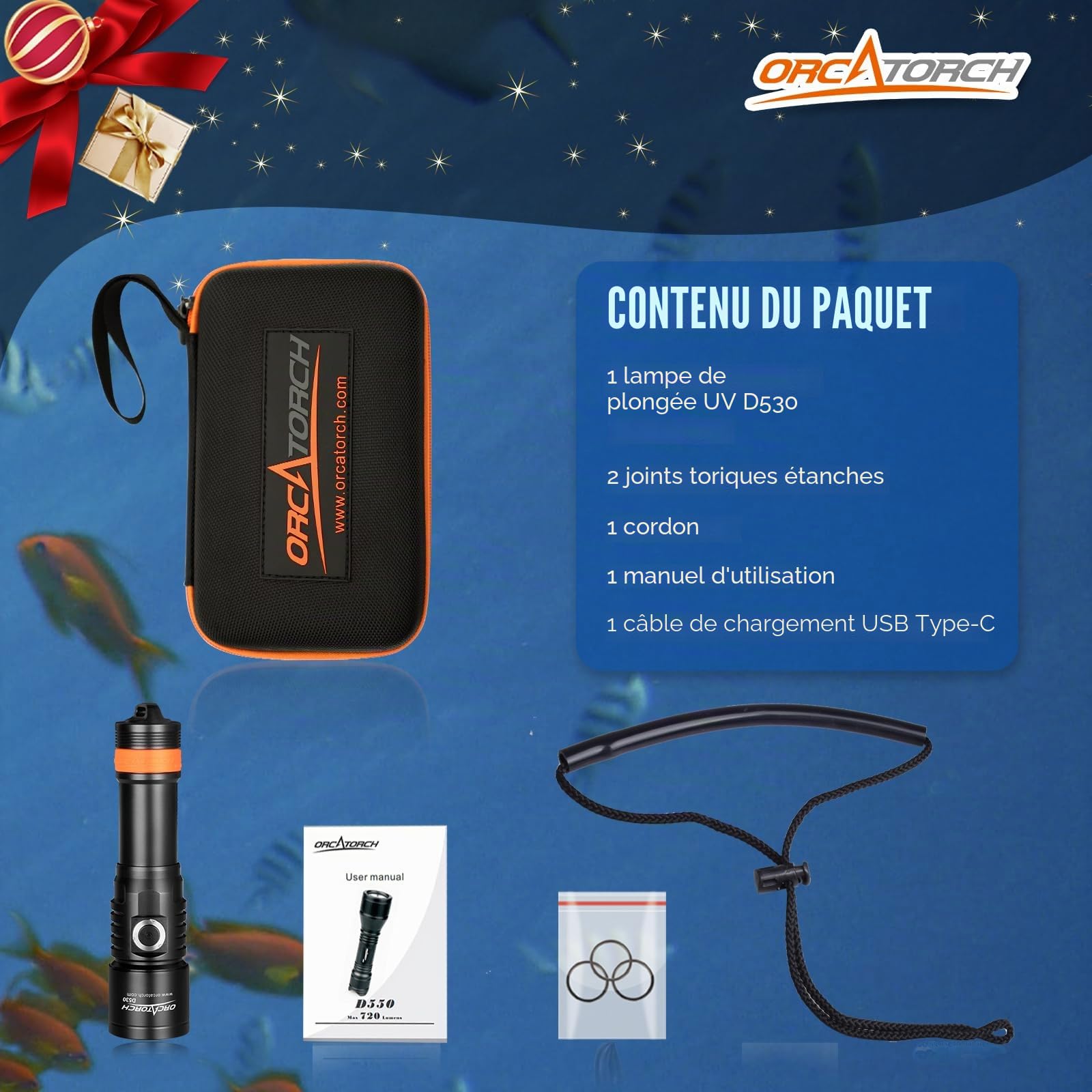 ORCATORCH D530 Lampe de plongée sous-marine 395 nm LED UV, lumière noire, faisceau étroit 8°, interrupteur latéral Ti, 2 modes, étanche IP68