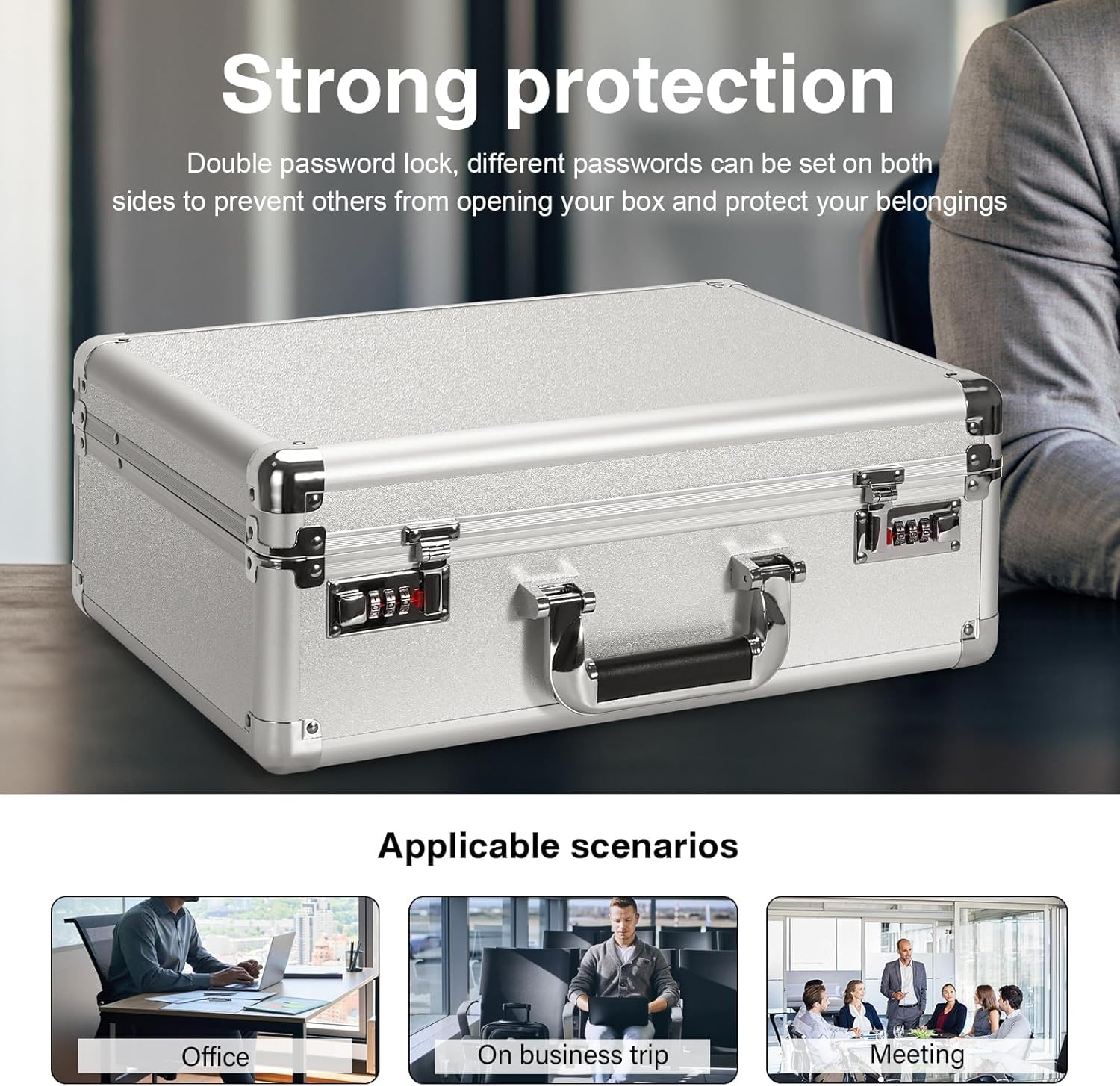 LOCKCURX Contenitore organizer per documenti, 36 x 24 x 11,4 cm, con chiusura a doppia combinazione per contanti, documenti e oggetti di valore, argento