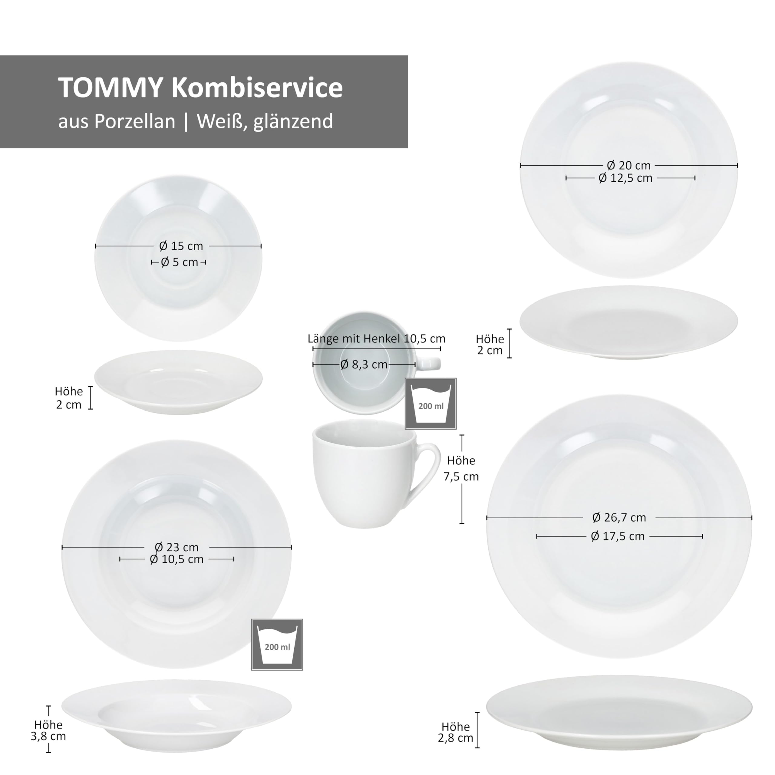 MamboCat Tommy 30tlg Kombiservice I weiße Porzellan-Geschirrset für 6 Personen I Je 6x Kaffeetassen 200ml, Untertassen, Kuchenteller, Suppenteller & Speiseteller I Tafel & Kaffee für Gastro, Hotel