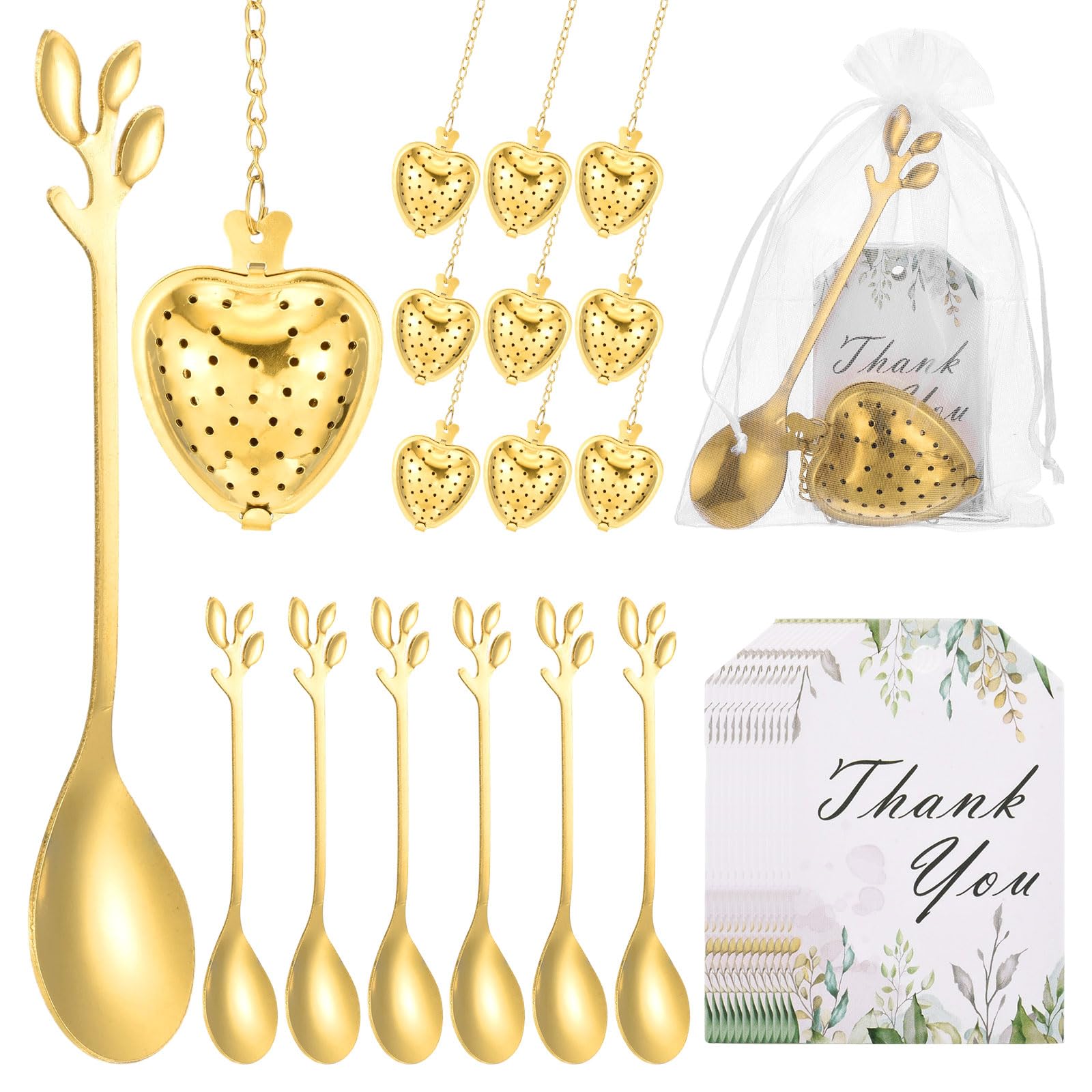 sourcing map Lot de 25 boules à infuseur en forme de cœur pour fête prénuptiale, cuillère à thé avec carte de remerciement, sac en maille, cadeau souvenir de mariage, accessoires de thé, cadeau de