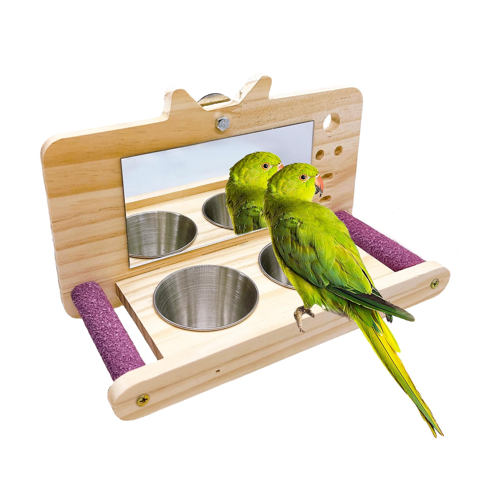 Bird Mirror Parrot Perch with Mirror and Feeding Cups Parrot Cage Swing Wooden Mirror Fun Play Toy for Lovebird Parakeets Conures Cockatiels