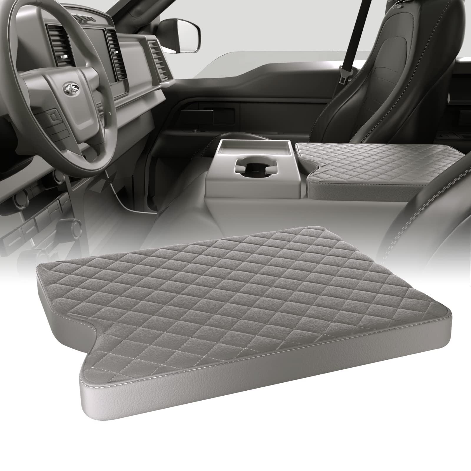Photo 1 of qzhiren Center Console Cover for 2015-2023 Ford F150, 2017-2023 F250 F350 F450 with 40/20/40 Jump Seat,Leather Armrest Cover Center Console Pad Middle Console Cover Armrest Box Cover(Gray)