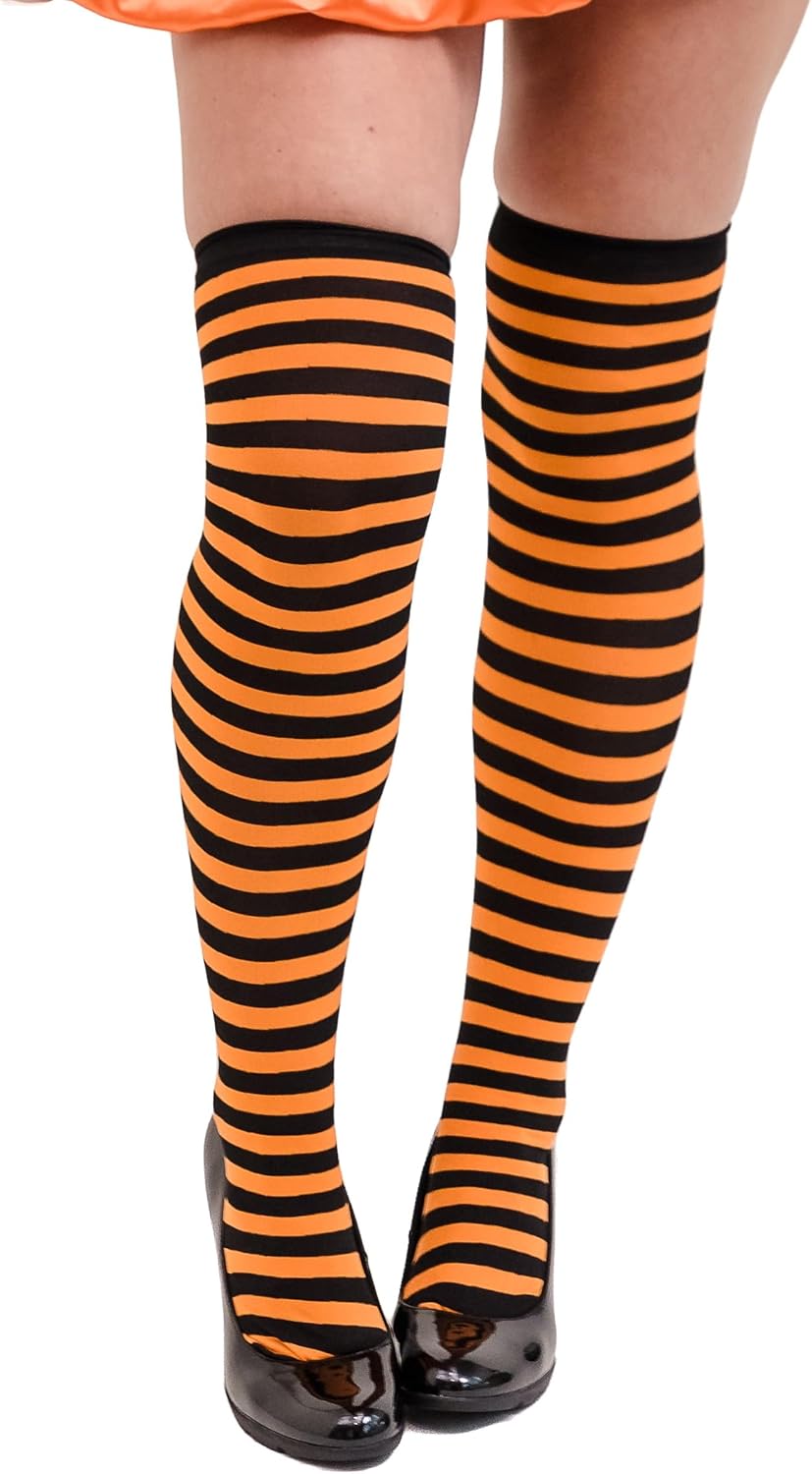 Orange and Black Striped Thigh-High Socks – Halloween Costume Accessory for Women & Teens, Witch Clown Cosplay Over-the-Knee Stockings