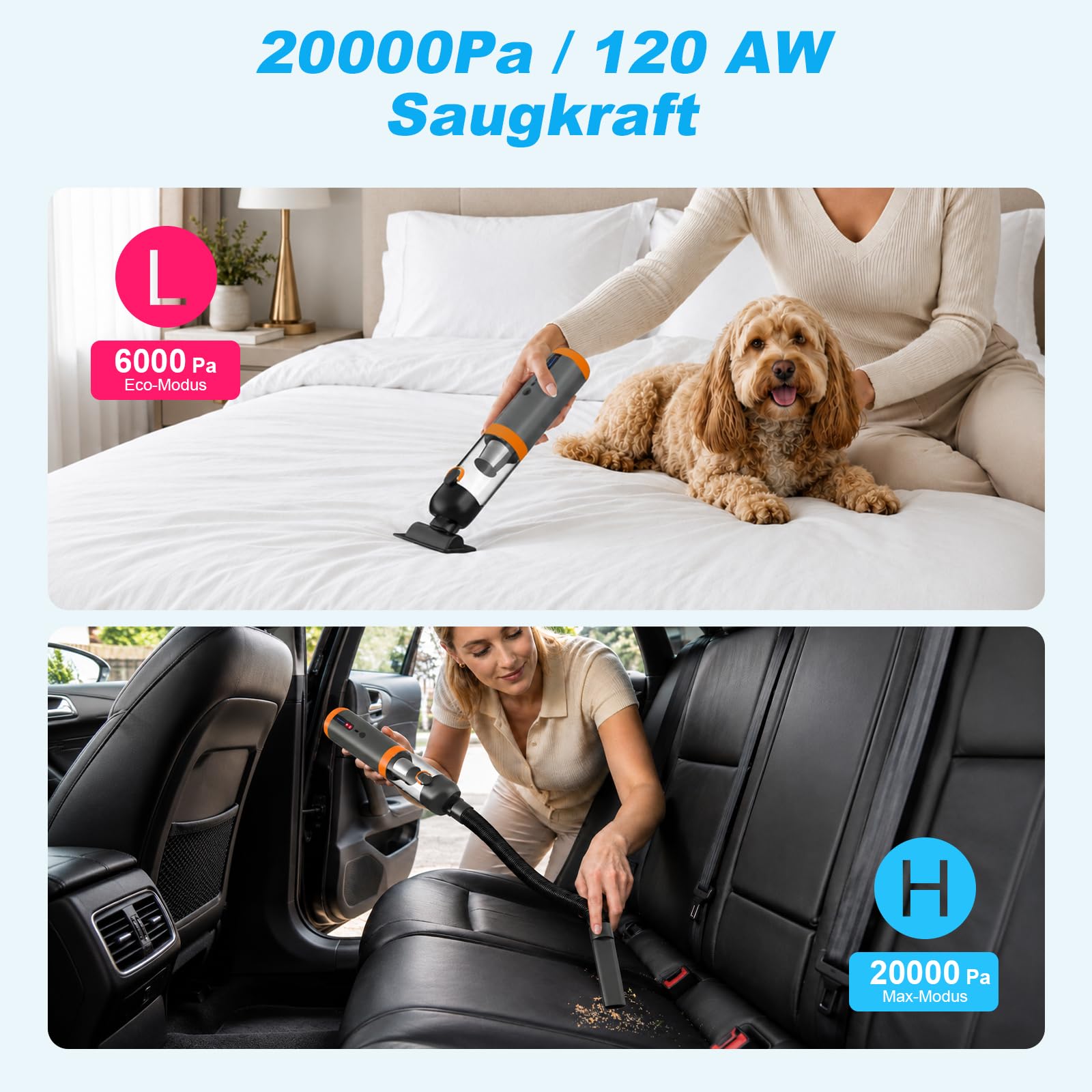 Aspirateur à Main sans Fil 4-en-1, 20kPa Aspirateur Voiture Puissant, Moteur sans Balai 87000 TR/Min, avec Affichage LED, 2 Modes de Succion, Aspirateur Compact pour Voiture, Bureau, Clavier & Maison