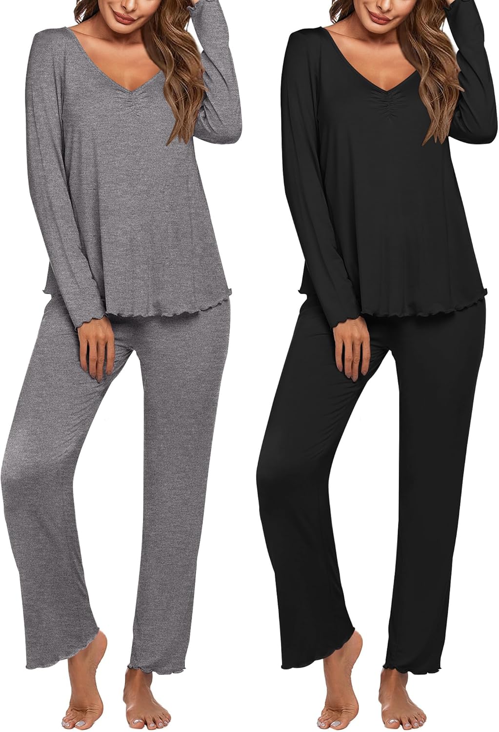 Ekouaer Womens 2 Pack Pajama Set Long Sleeve Pajamas Top and Pants V Neck Pjs Set Soft Sleepwear Loungewear