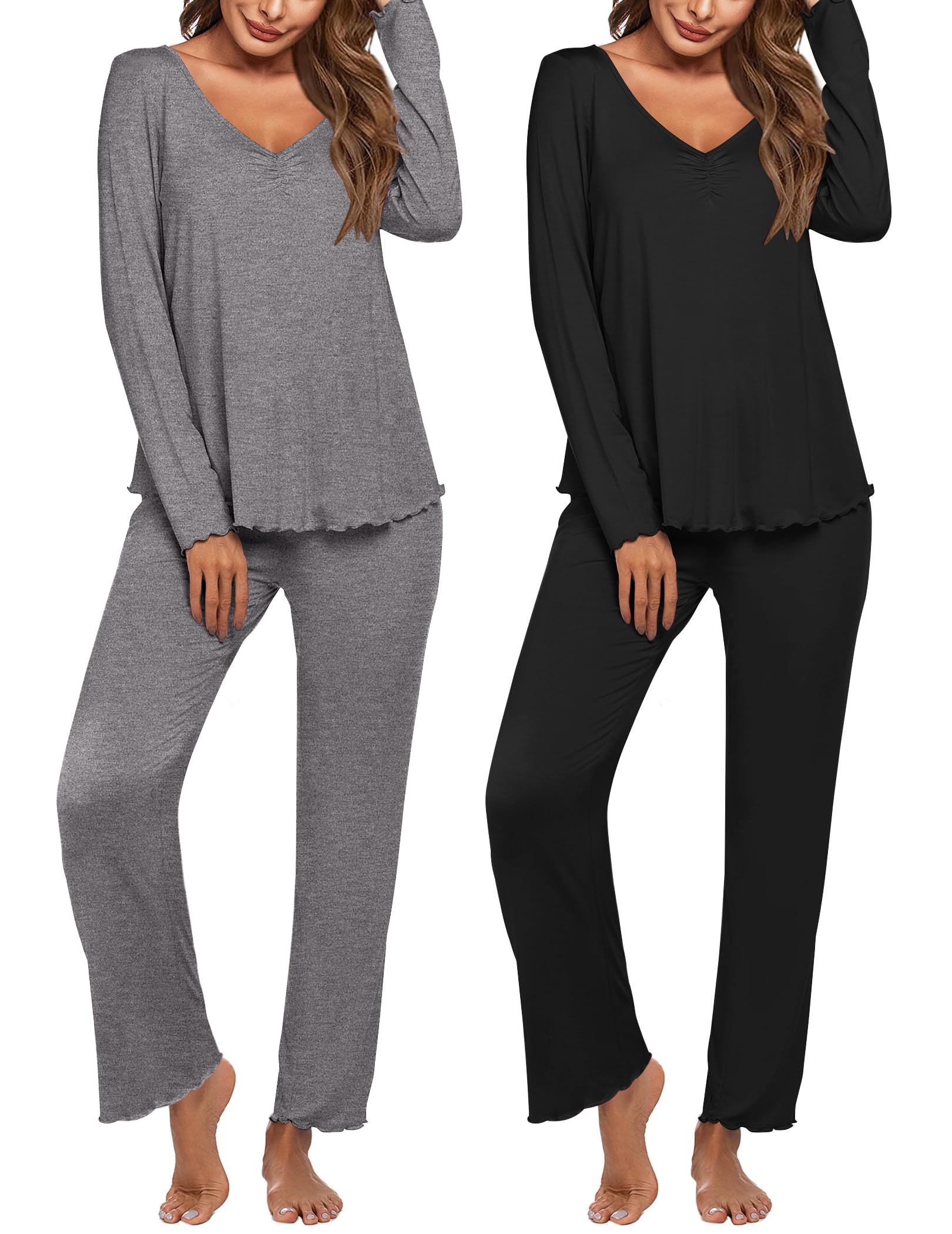 Ekouaer Womens 2 Pack Pajama Set Long Sleeve Pajamas Top and Pants V Neck Pjs Set Soft Sleepwear