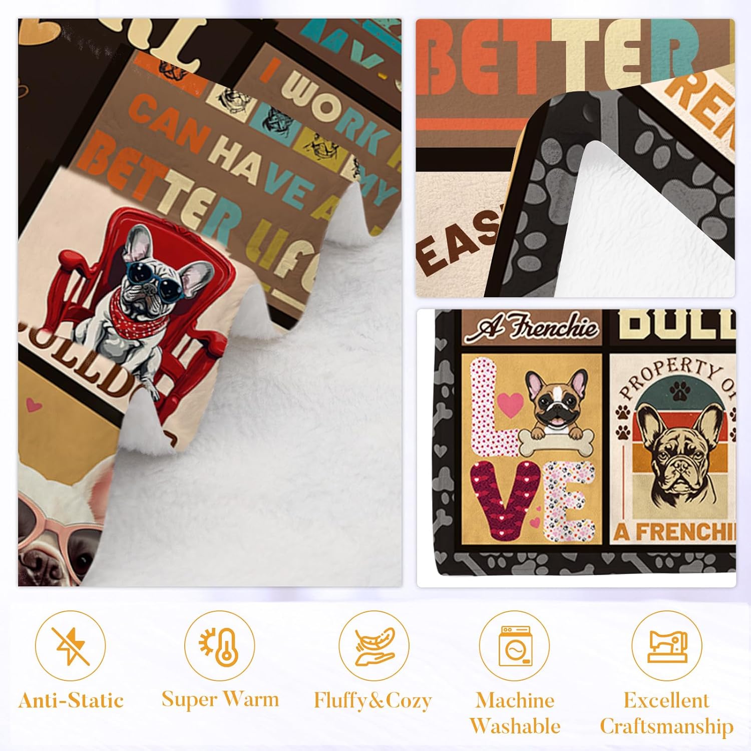 French Bulldog Gifts, French Bulldog Blanket for Women, Frenchie Gift for Dogs Mom Owner, Dog Decorations for Bulldogs Lovers, Birthday Gift for Sister Friend Grandma Mothers Day, 50''x60'' - Image 7