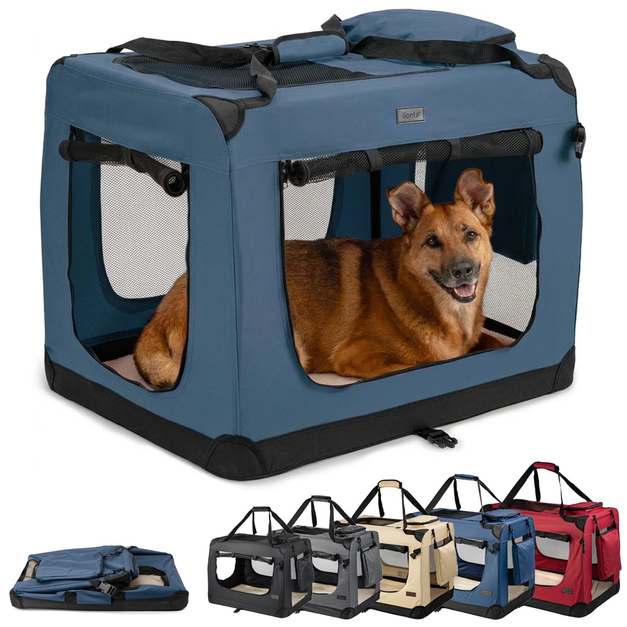 lionto Foldable Dog Crate for Travel and Car, 82 x 58 x 58 cm, Blue