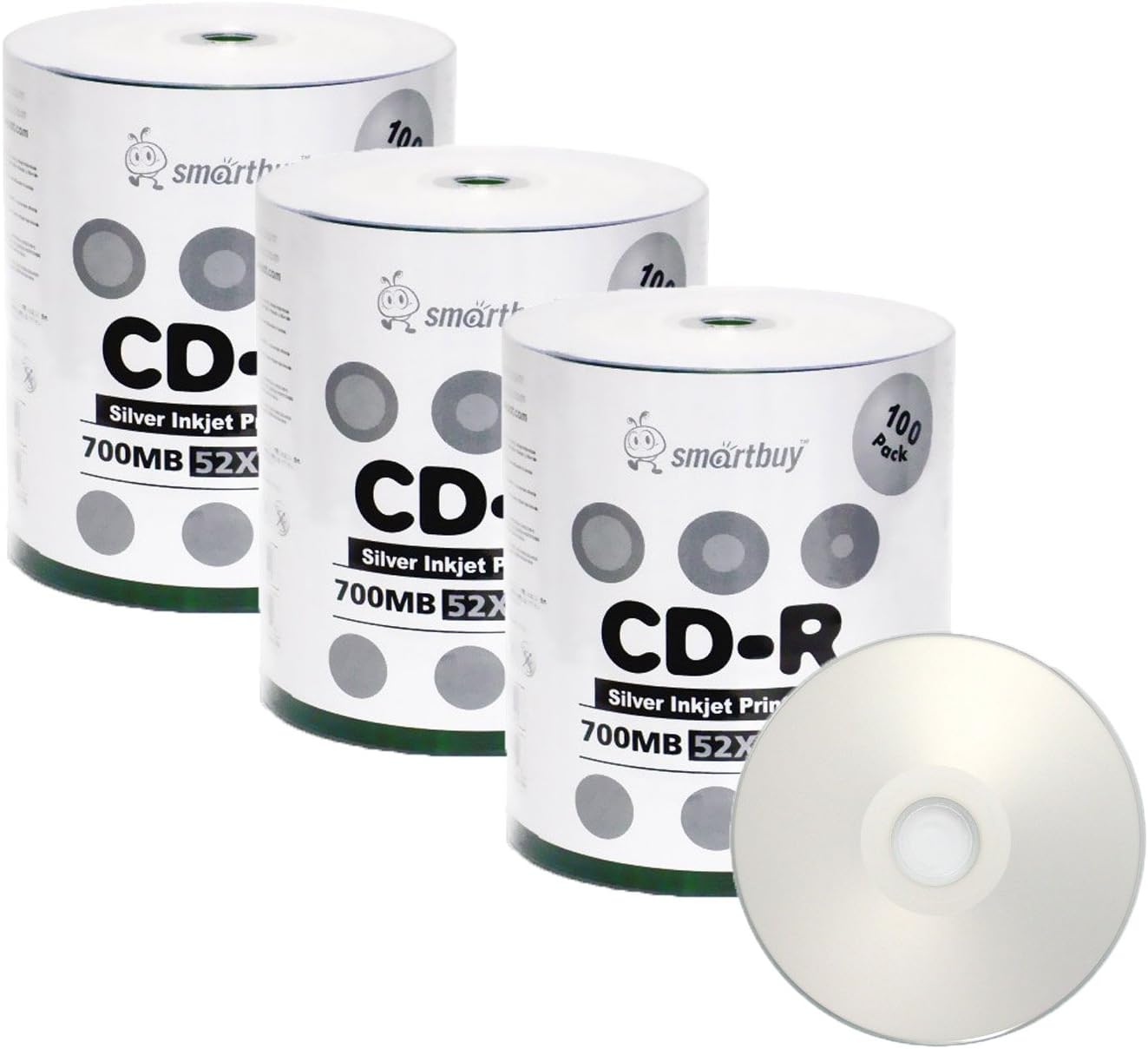Smart Buy CD-R 300 Pack 700mb 52x Printable Silver Inkjet Blank Recordable Discs, 300 Disc, 300pk