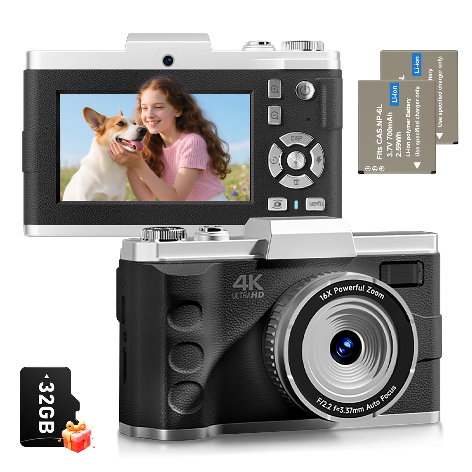 Cámara digital 4K para fotografía, enfoque automático, antivibración, cámara de vlogging de 64 MP para video de YouTube, cámaras traseras y frontales, cámara compacta con zoom 16X para