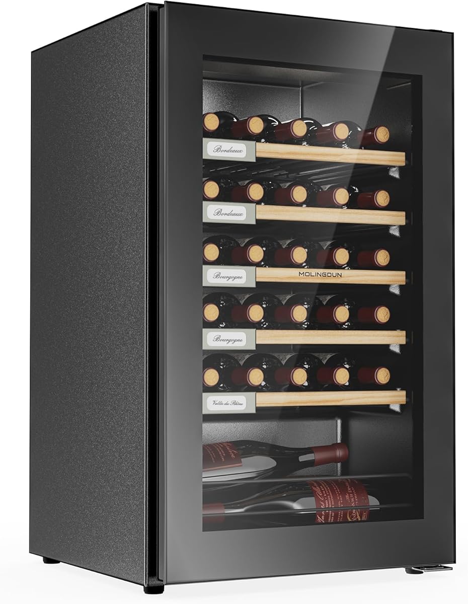 MOLINGDUN Wine Fridge, 33 Bottles Freestanding Wine Cooler, Intelligent Compressor, Frost Free, Glass Door, 41-64℉ Adjustable Digital Temperature Control, for Red, White, Champagne or Sparkling Wine