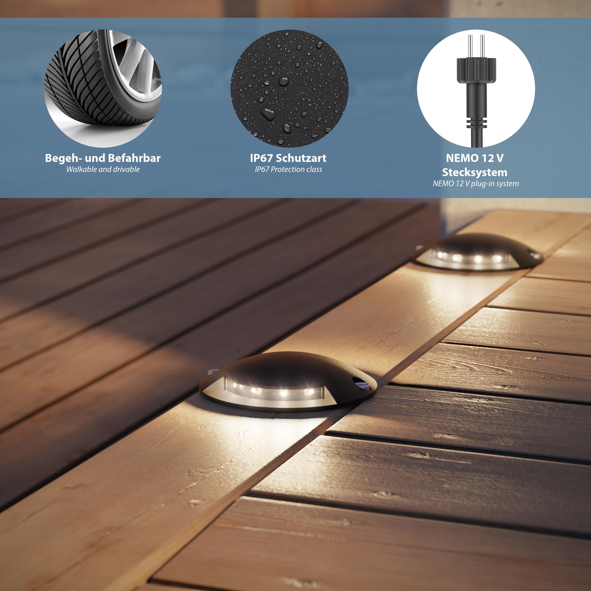 ledscom.de Lampada da terra a LED Bunda, a 2 fiamme, nera per esterni, transitabile, bianco caldo, set da 12