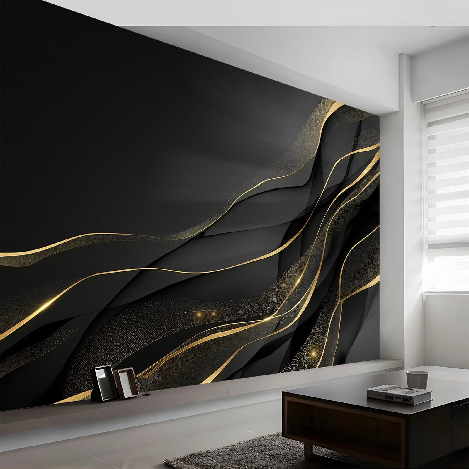 Panoramiczna tapeta luksusowa złota linia marmur czarne złoto 300 x 210 cm (szer. x wys.), panoramiczna gigantyczna tapeta 3D salon sypialnia jadalnia pokój dziecięcy dekoracje ścienne z włókniny