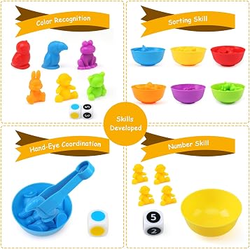 Ballery Colour Sorting Toys, Montessori Counting Toys, 46pcs Rainbow Counting Game with Matching Bowl Dices and Tweezers, Counting Toys Matching Games for 3 4 5 Years Old Boys Girls Kid