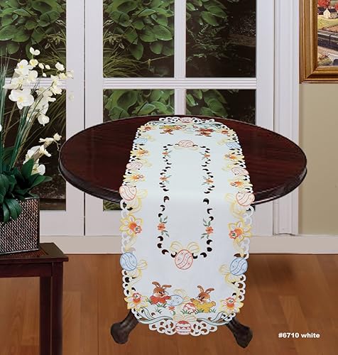 Miniatura 2 de Creative Linens Camino de mesa bordado con diseño floral de conejo de Pascua, 15 x 53 pulgadas, ovalado, color blanco
