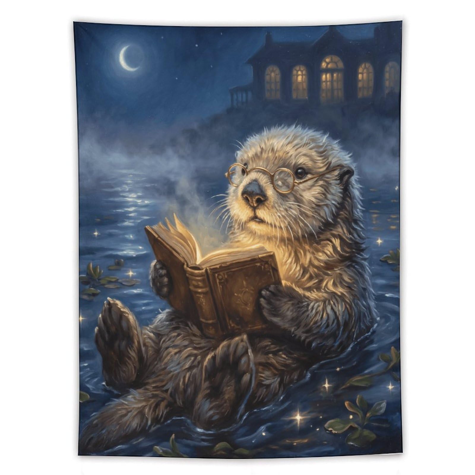 W7C8U2X3 Moonlit Reading Otter Wall Tapestry, Realistic Illustration Style