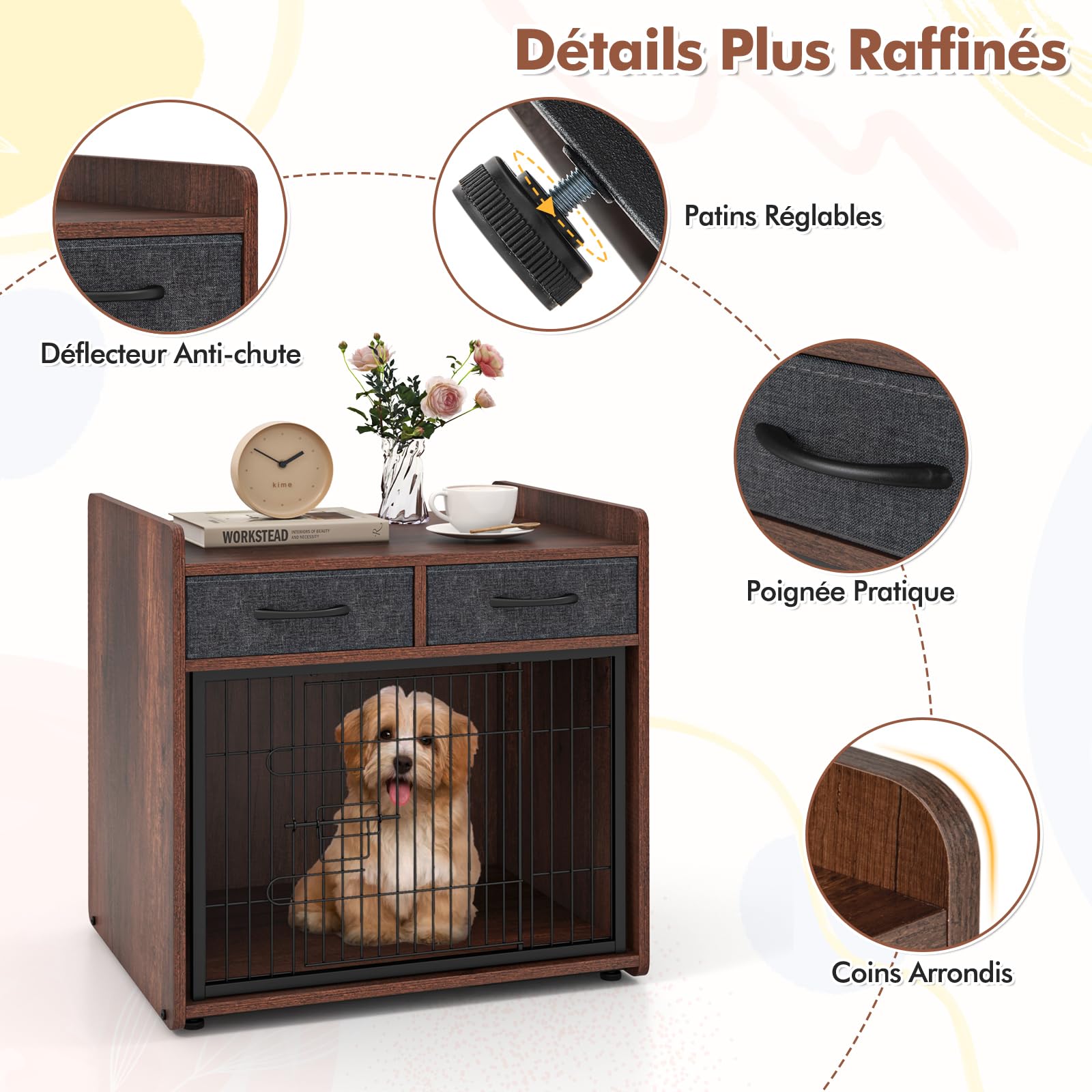 GYMAX Cage Chien Intérieur avec Rangement, Niche pour Animaux, avec 2 Tiroirs Amovibles, Porte Verrouillable, Repose-Pieds Réglables, Meuble Style Industriel, pour Animaux de Petite et Moyenne Taille