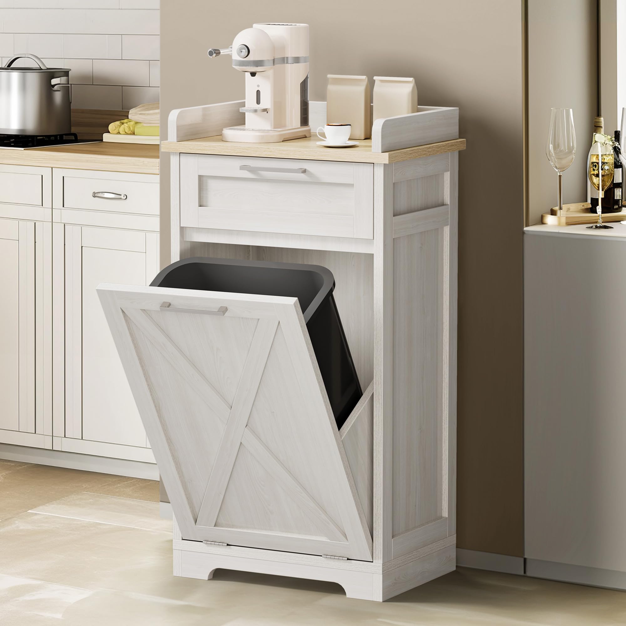 DWVO Wooden Trash Cabinet with Drawer, Tilt-Out Hamper for Kitchen Island, 20.5" W x 14" D x 39" H, Off White
