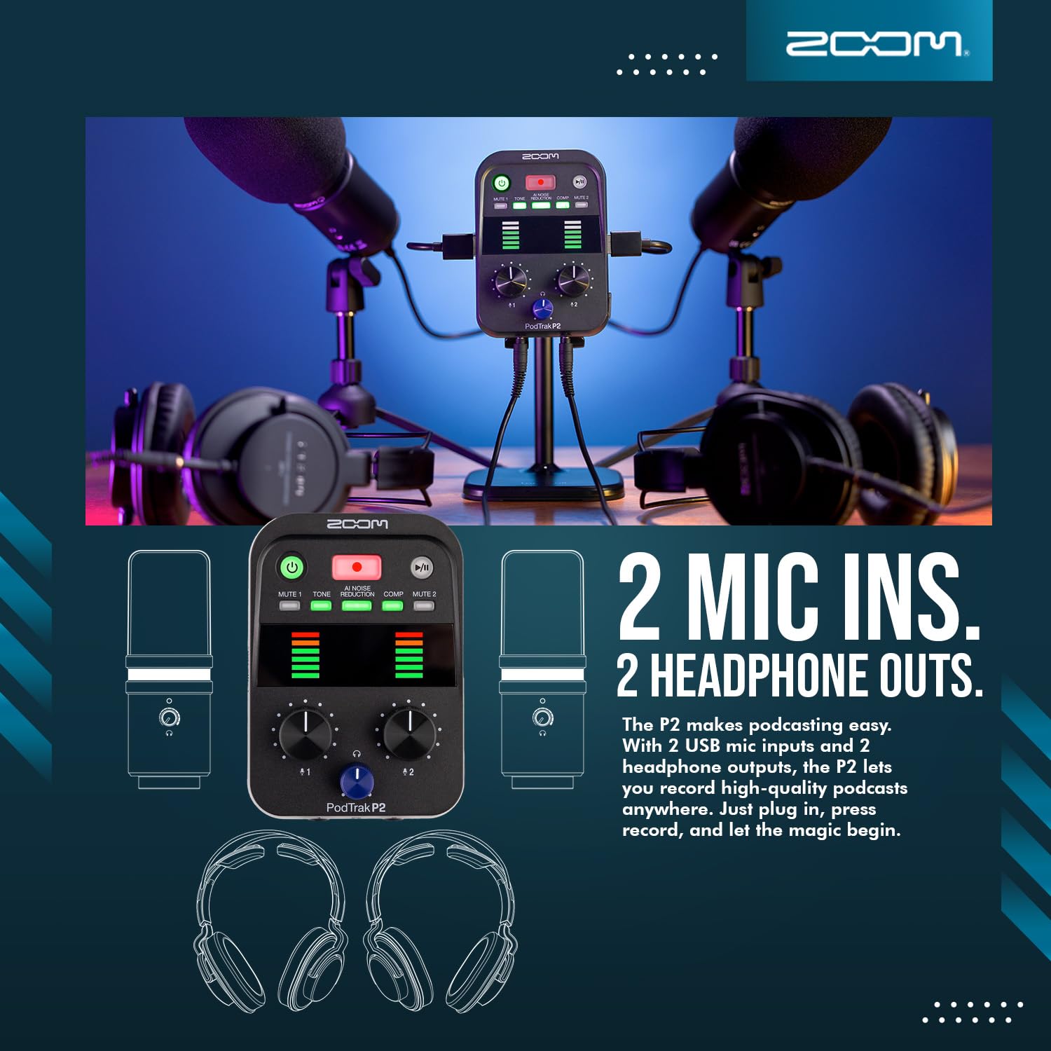 Zoom Podtrak P2 Tragbarer Podcast-Recorder, 2 USB-Mikrofoneingänge, AI-Rauschunterdrückung, 4-spurige Aufnahme, Ton- und Comp-Effekte, Dual-Kopfhörer-Ausgänge mit 2 Sets Podcast-Mikrofon-Pack und