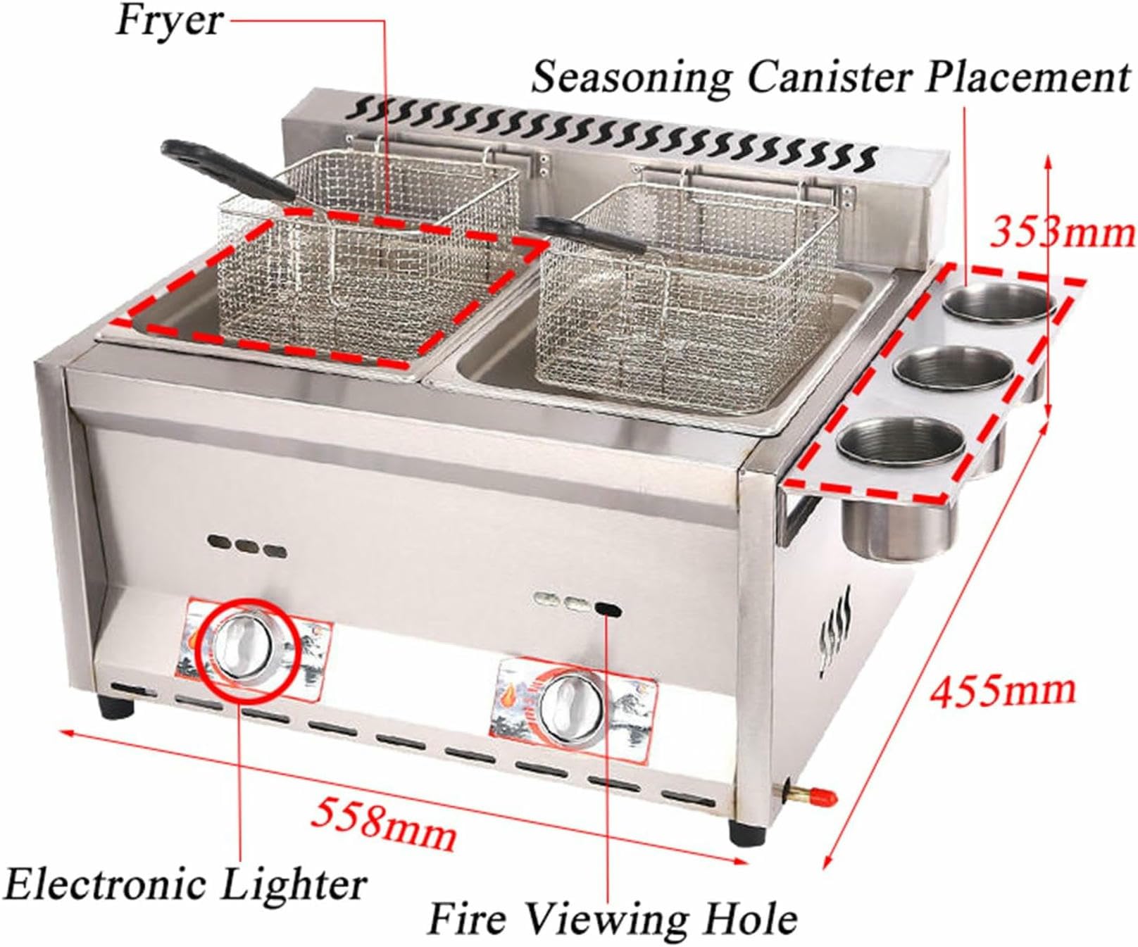 Freidora Industrial de Gas de sobremesa - 2 x 8 L - Acero Inoxidable con Cesta y Tapa - Ideal para Uso doméstico y en restaurantes